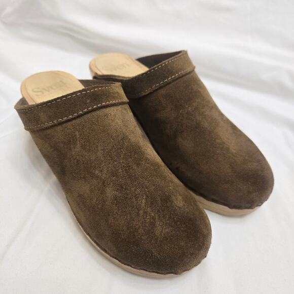 NEW Sven VintageY2K Brown Suede Heeled Slip On Swedish Mule Wooden Clogs 7.5 - Picture 2 of 12